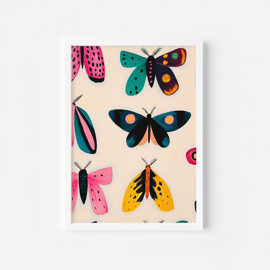 Colorful Folk Art Moths Pattern Playful Retro Insects Poster
