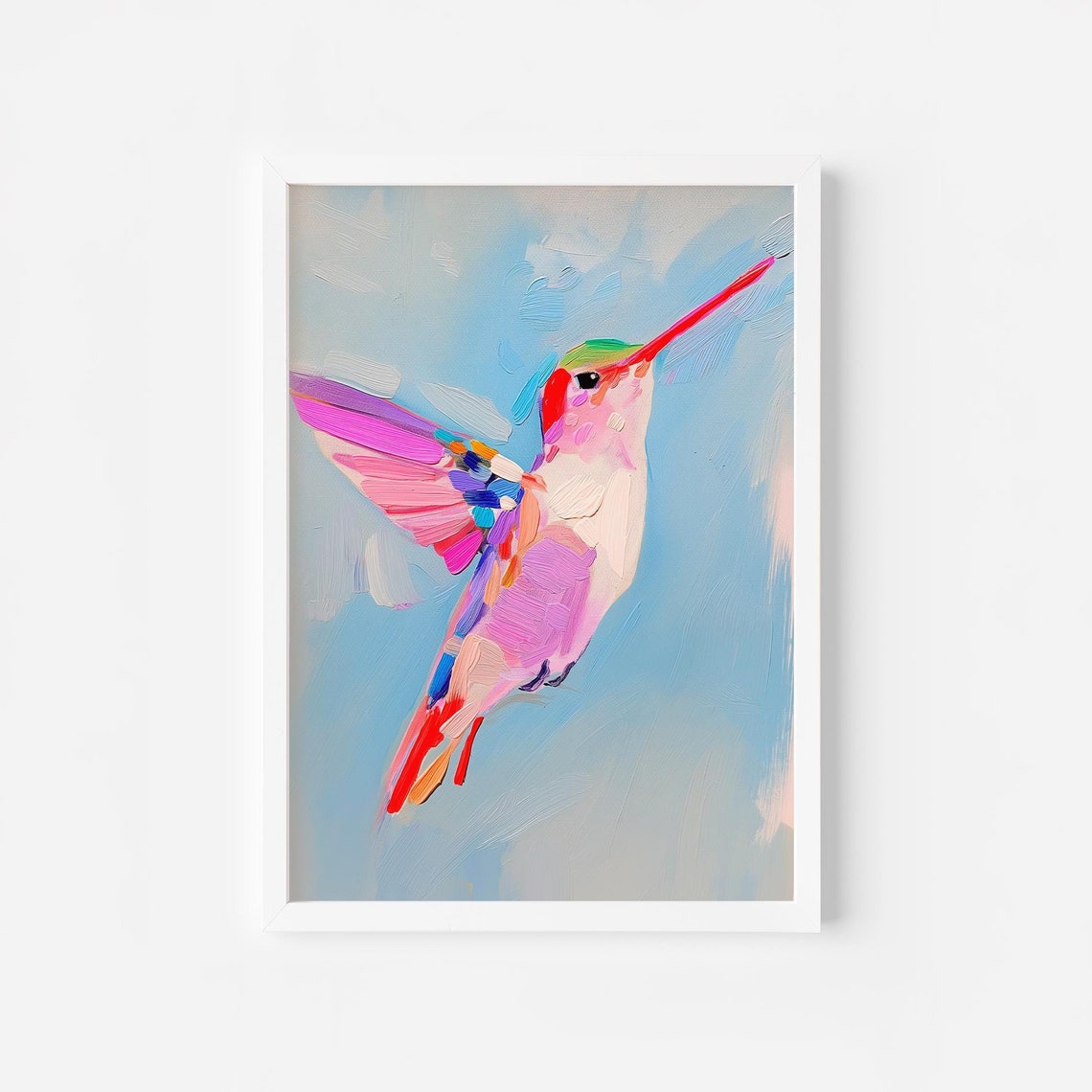 Rainbow Hummingbird in Flight Blue Sky Bird Lover Nature Poster