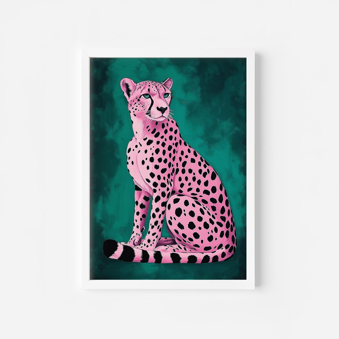 Pink Cheetah on Emerald Green Background Trendy Animal Wall Art