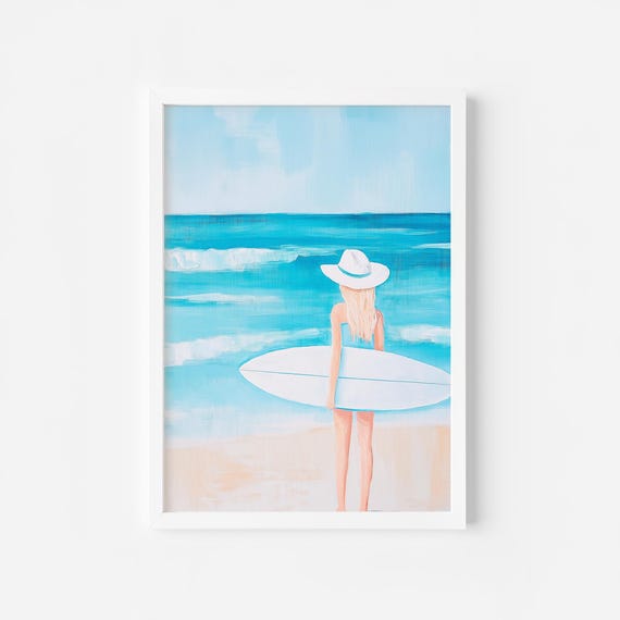Blonde Surfer Girl Painting Surfer Girl Wall Art Preppy Coastal Room Art Summer Sunset Poster Vibrant Surfer Poster