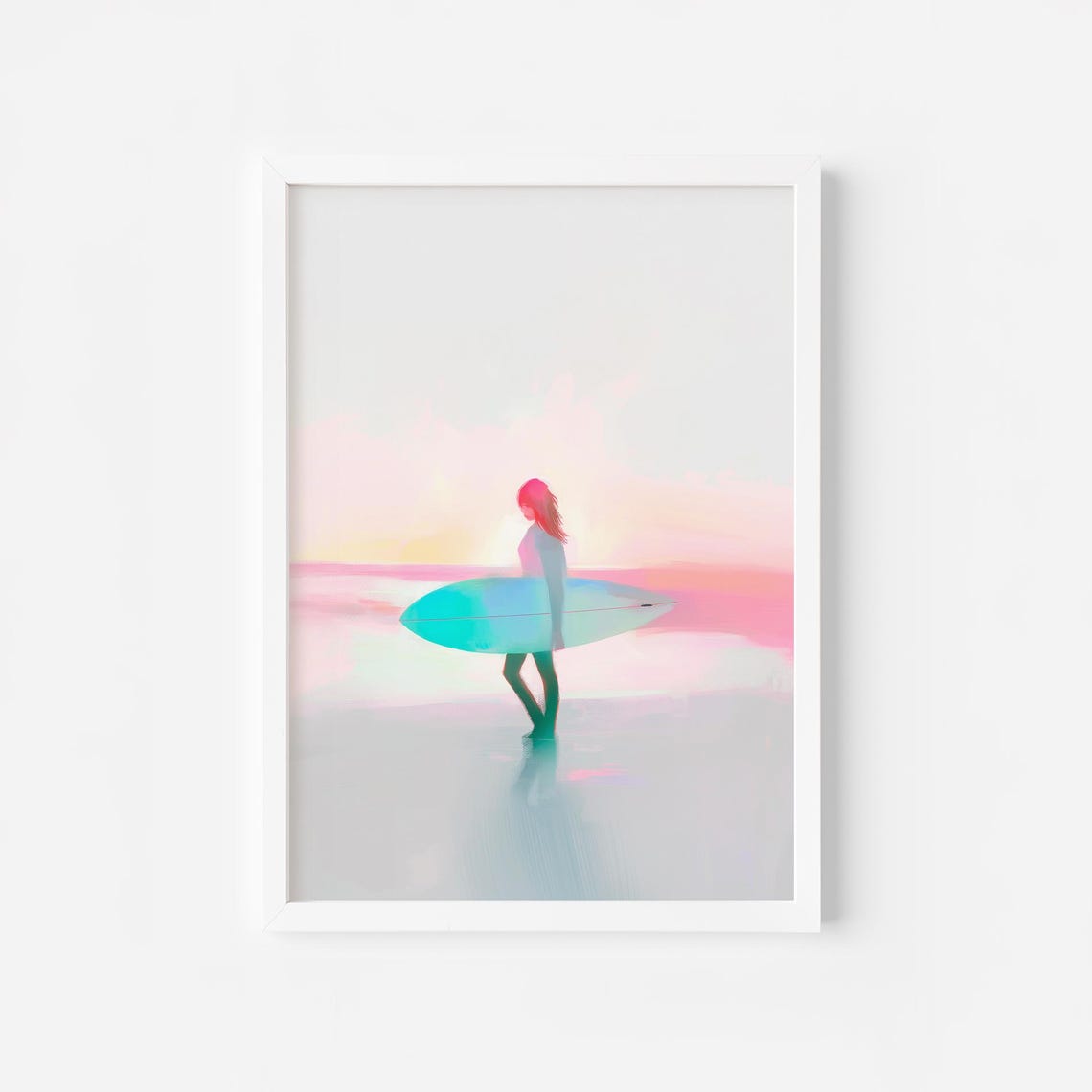 Surfer Girl Walking With Teal Board At Pink Sunset Beach Poster