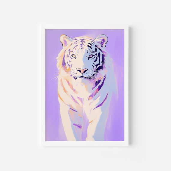 White Tiger Portrait Lavender Background Big Cat Wildlife Poster