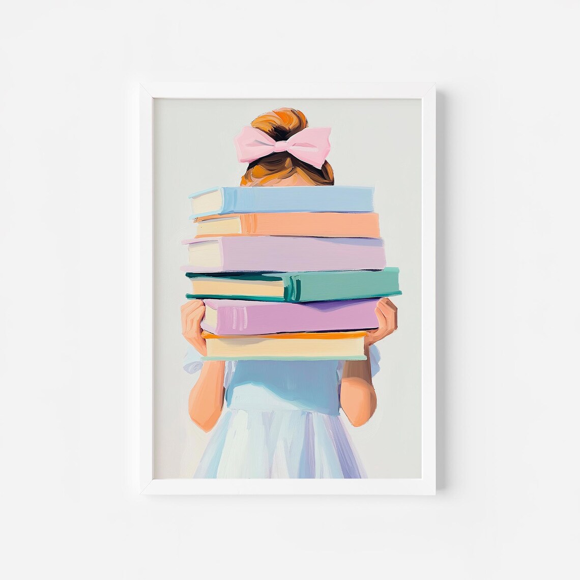 Little Girl Carrying a Tall Pastel Books Stack Kids Room Poster