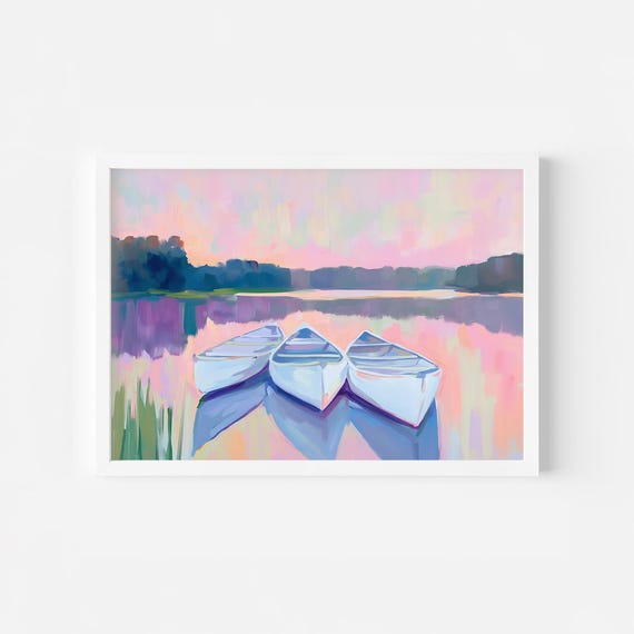 Pastel Blue Rowboats Landscape Lake Wall Art Preppy Nature Room Art Lake House Decor Print Nautical Pink Pastel