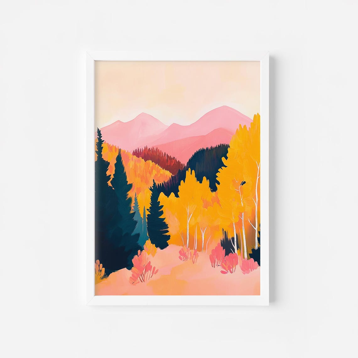 Autumn Forest With Pink Mountains Fall Landscape Nature Poster