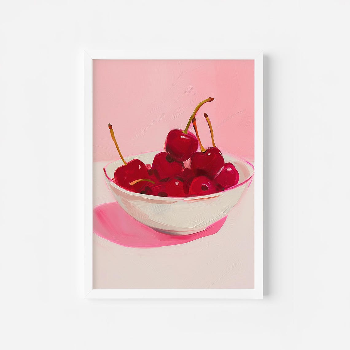 Bowl of Red Cherries Pink Background Summer Fruit Kitchen Poster