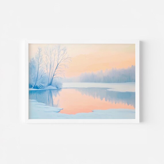 Pastel Winter Lake Abstract Forest Print Snowy Trees Landscape Colorful Finland Poster Fall Nature Art Cold River