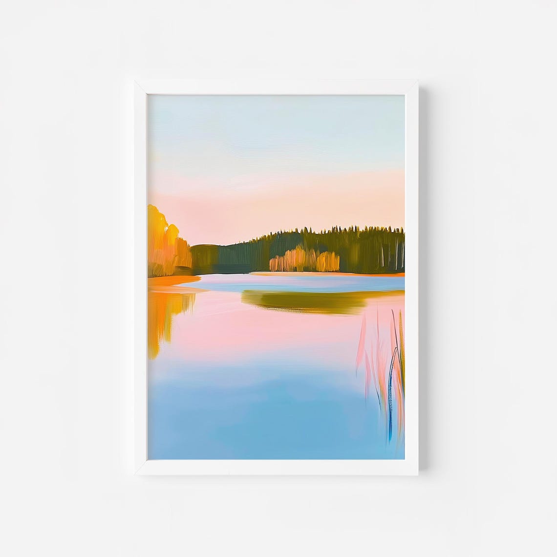 Pink Sunset Lake With Forest Reflection Calm Water Landscape Poster