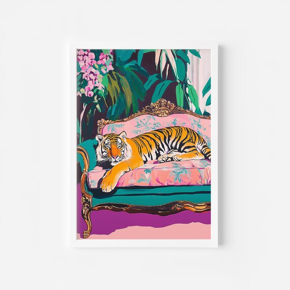 Bold Tiger Lounging on Pink Vintage Sofa in Tropical Jungle Poster
