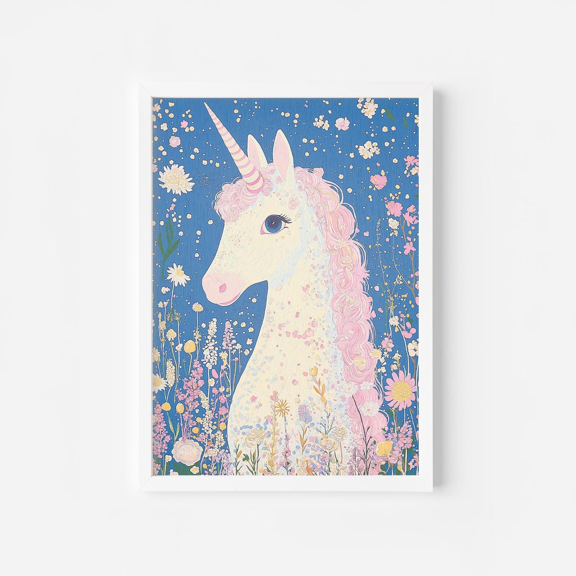 White Unicorn Portrait Pink Curly Mane Wildflower Fantasy Wall Art