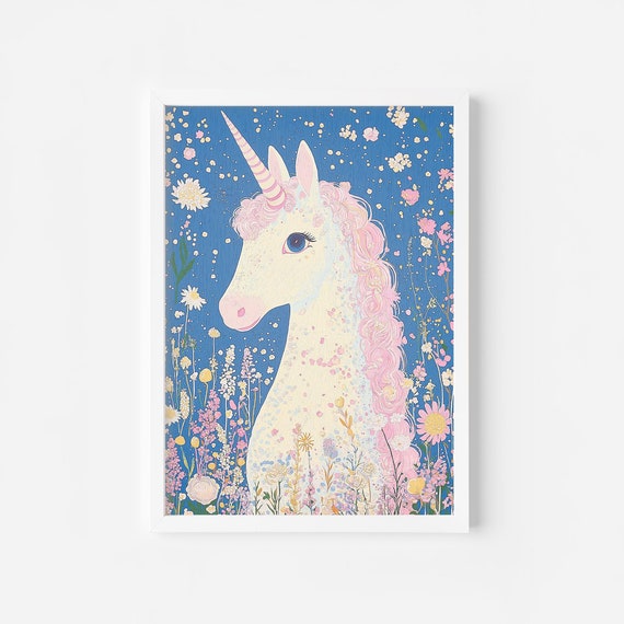 White Unicorn In A Garden Whimsical Playroom Print Fantasy Nursery Wall Art Whimsical Fantasy Rainbow Print