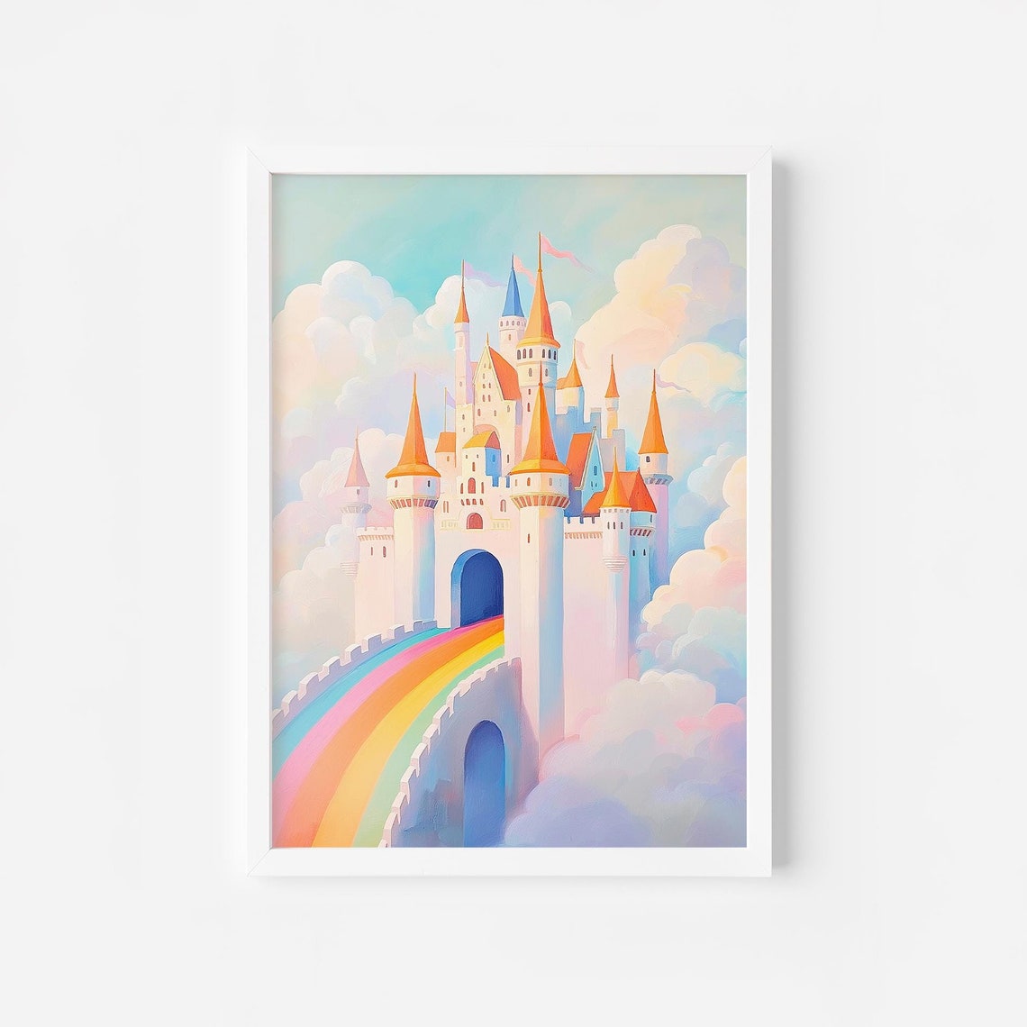 Rainbow Castle in the Clouds Fairytale Princess Nursery Wall Art