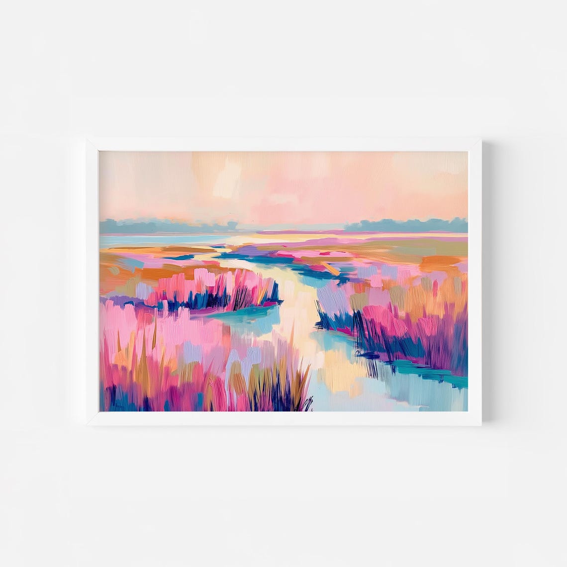 Vibrant Pink Marsh Reeds Around Winding Creek Modern Art Poster