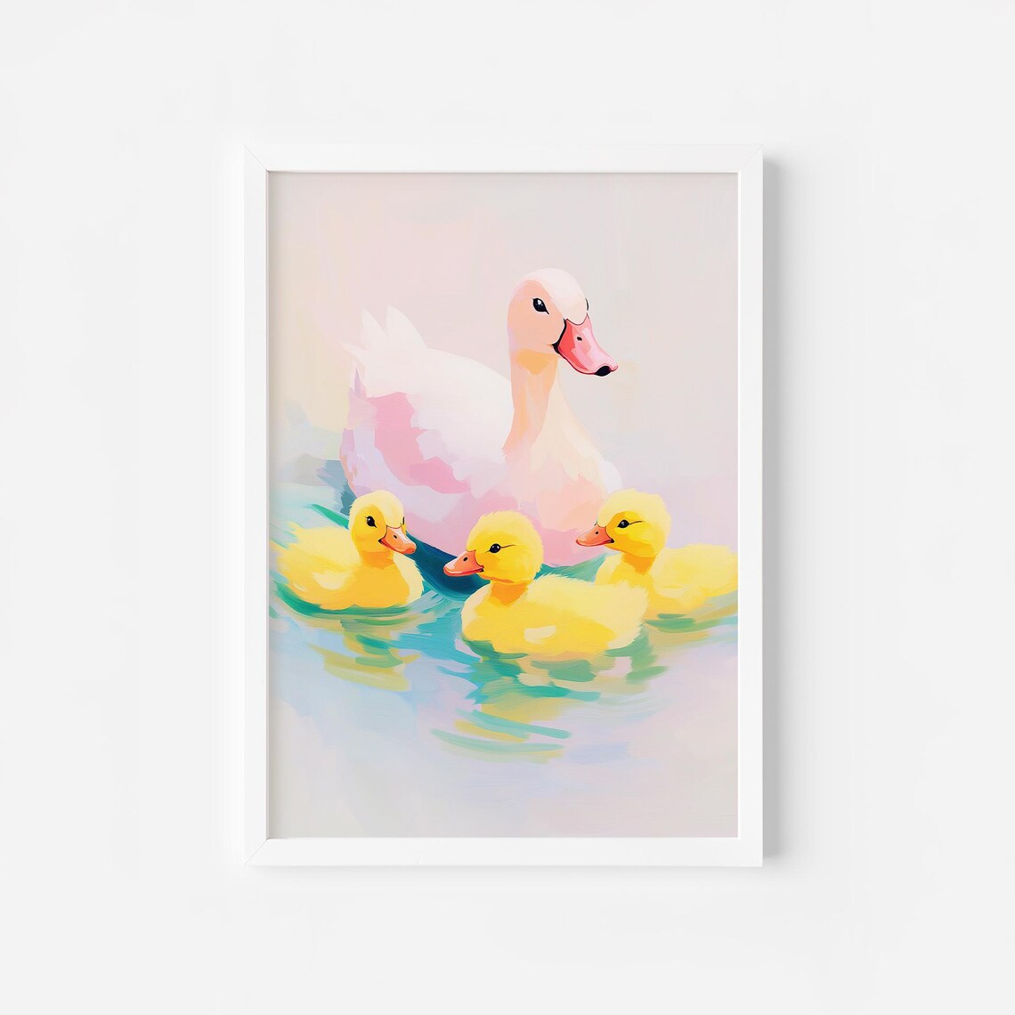 Pastel Mama Duck with Yellow Ducklings Swimming Cute Nursery Poster