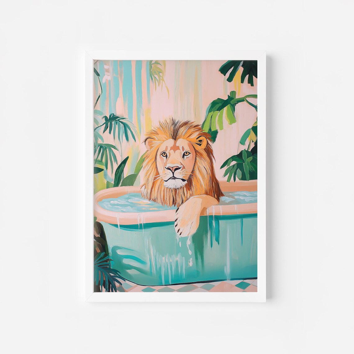 Lion Relaxing in Turquoise Bathtub Tropical Pastel Bathroom Poster