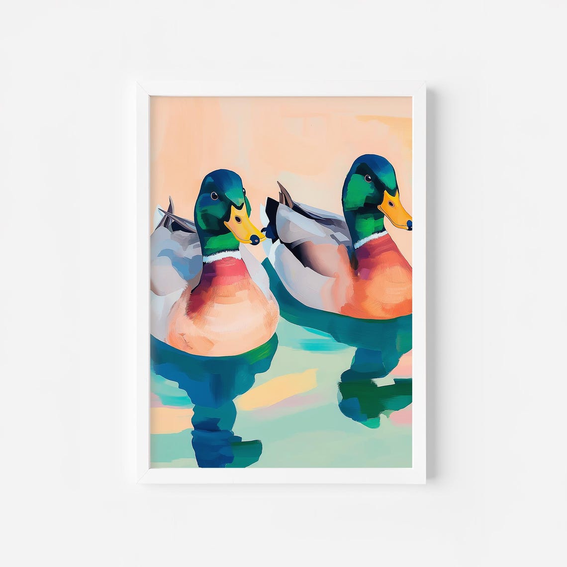 Two Mallard Ducks Swimming in a Colorful Duck Pond Nature Poster