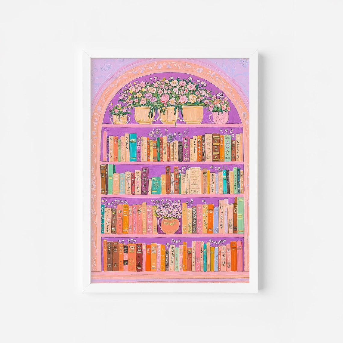 Pink Library Bookshelf Arch Floral Roses Reading Nook Wall Art