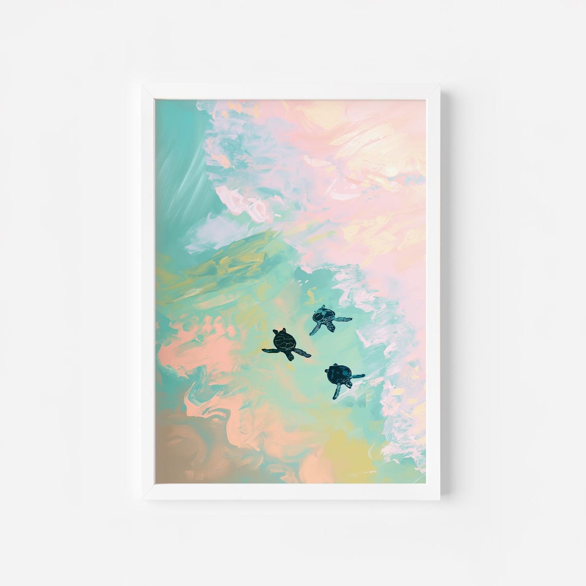 Sea Turtles Swimming in Pastel Ocean Aerial Impressionist Poster