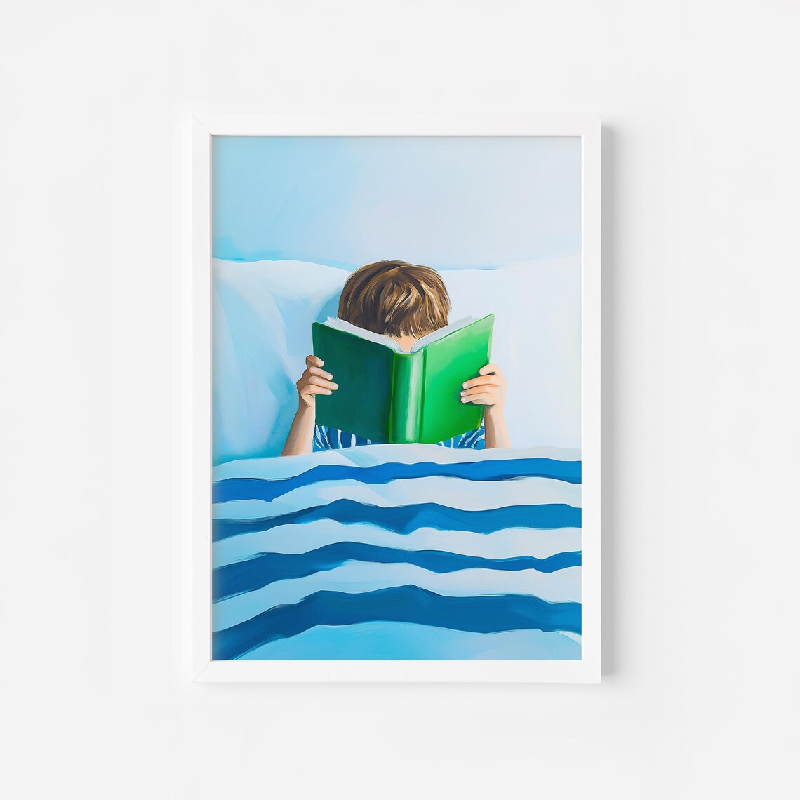 Little Boy Reading Green Book in Striped Bed Blue Bedroom Poster