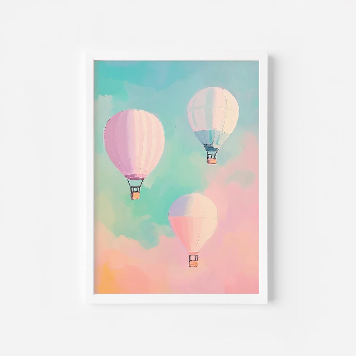Three Pastel Hot Air Balloons Drifting in a Pink Teal Sky Poster