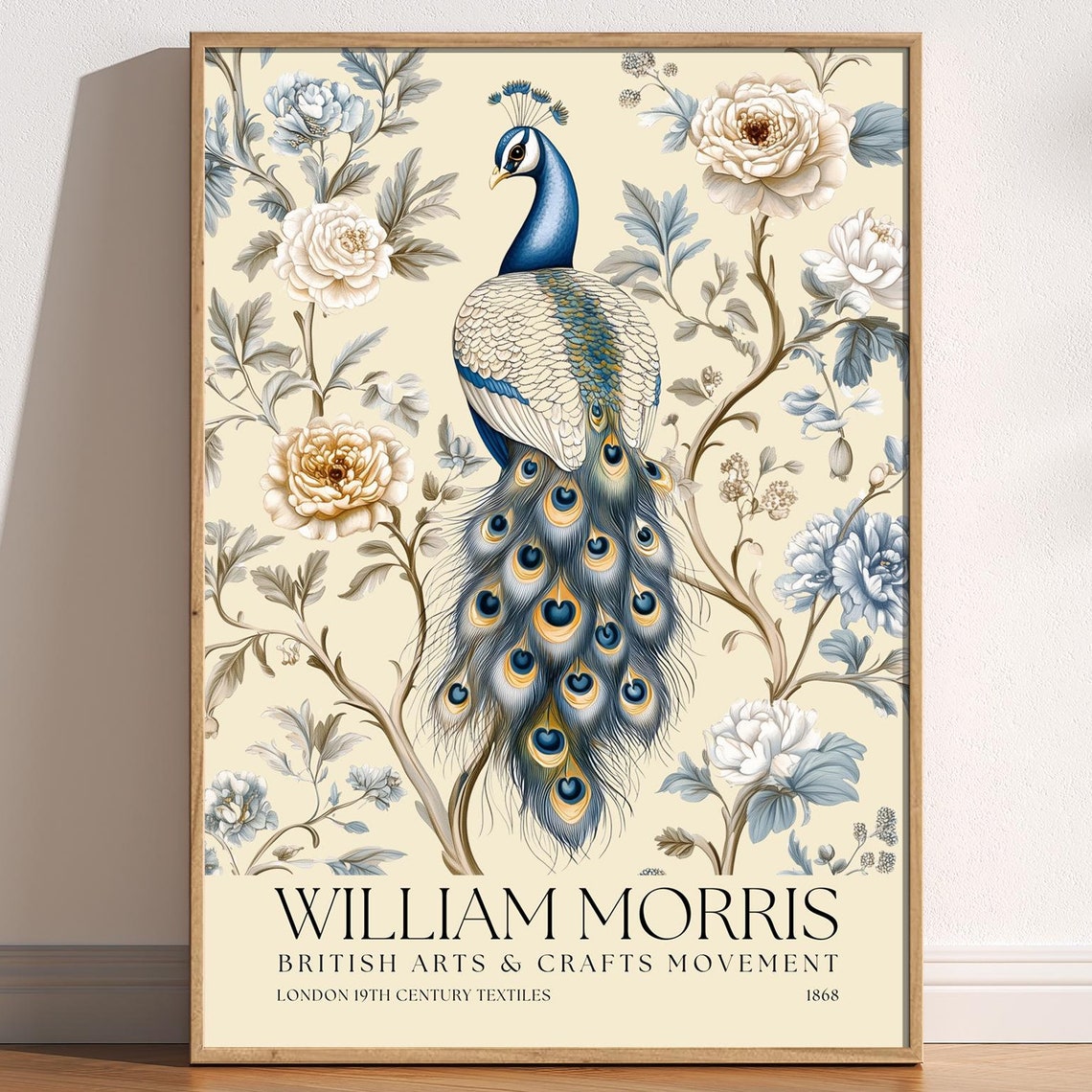 William Morris Peacock Floral Blue Vintage Botanical Art Poster