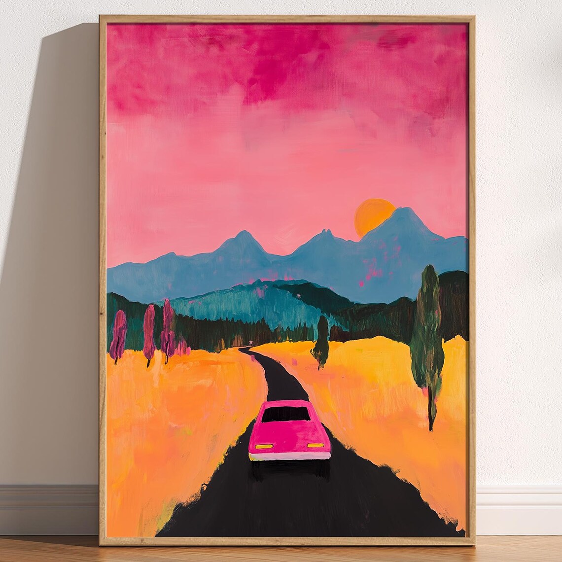 Colourful Mountain Sunset Scene Car Driving Into Sun Road Trip Poster