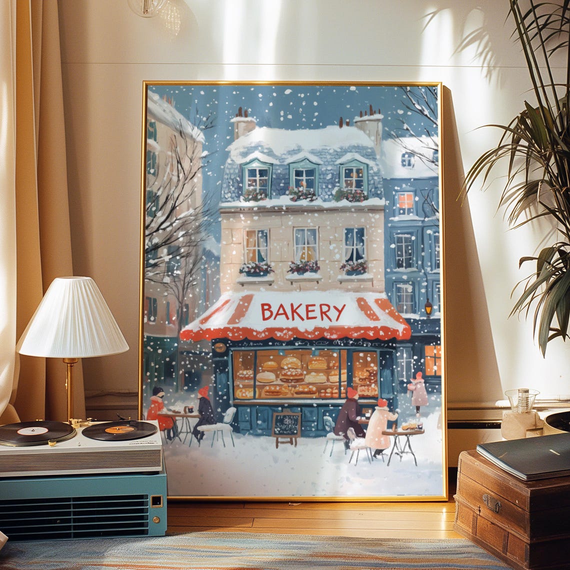 Paris Bakery with Red Awning in Snowy Winter Street Scene Poster - Image 2