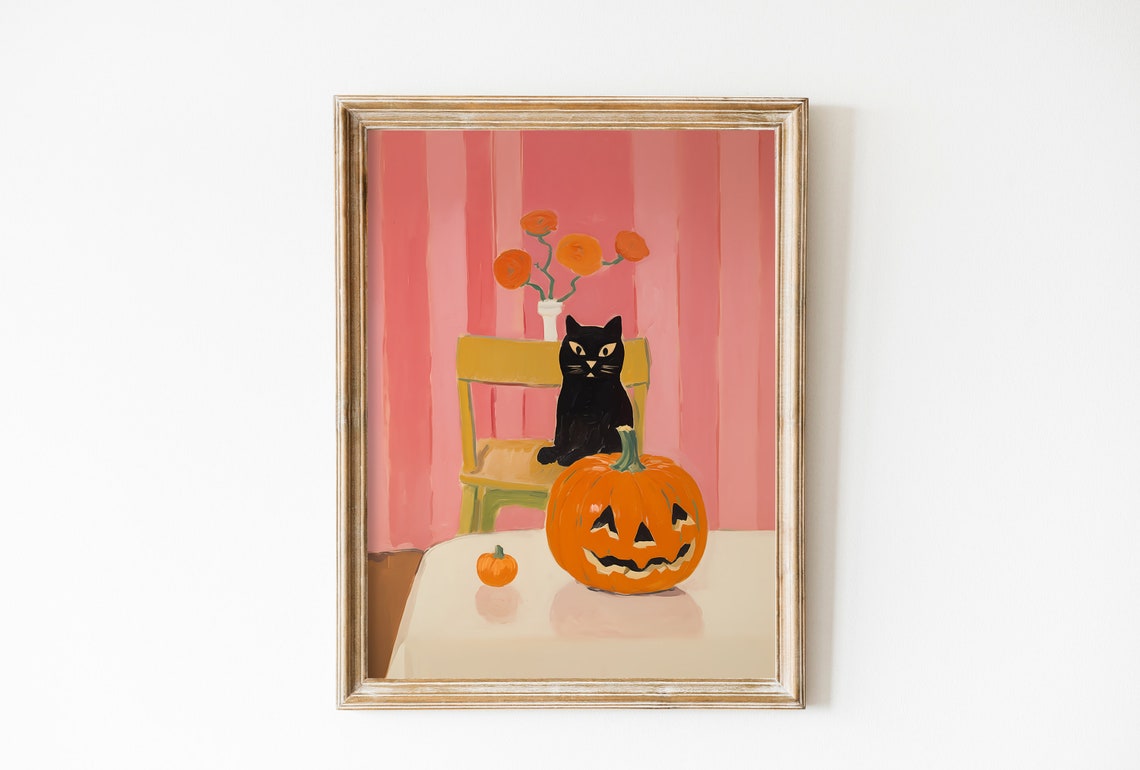 Black Cat Jack O Lantern Pink Cute Halloween Nursery Poster Art