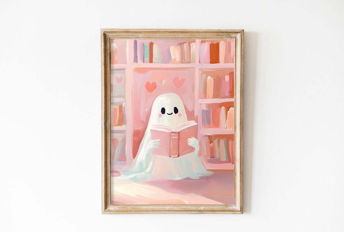 Valentines Day Cute Ghost Art Print, Book Nook Decor