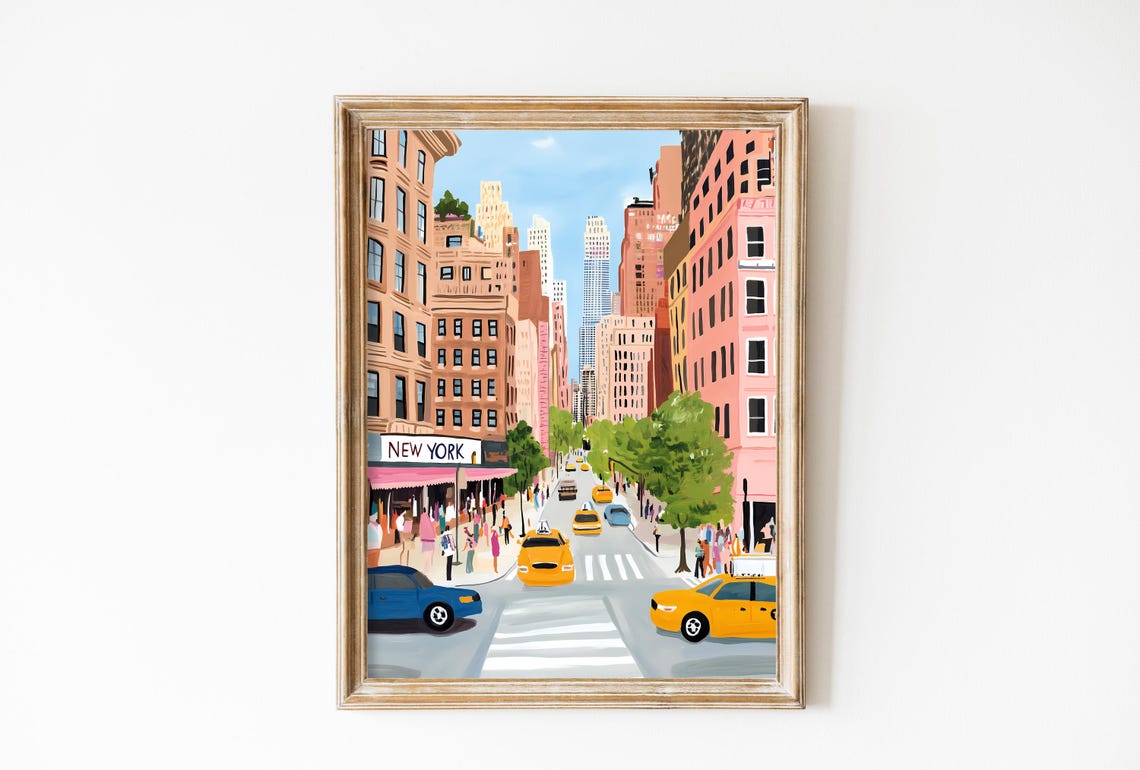 Retro New York Vintage Travel Poster, Soft Pink