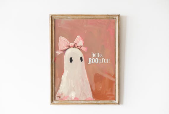 Vintage Pink Bow Ghost Art Print, Halloween Decor