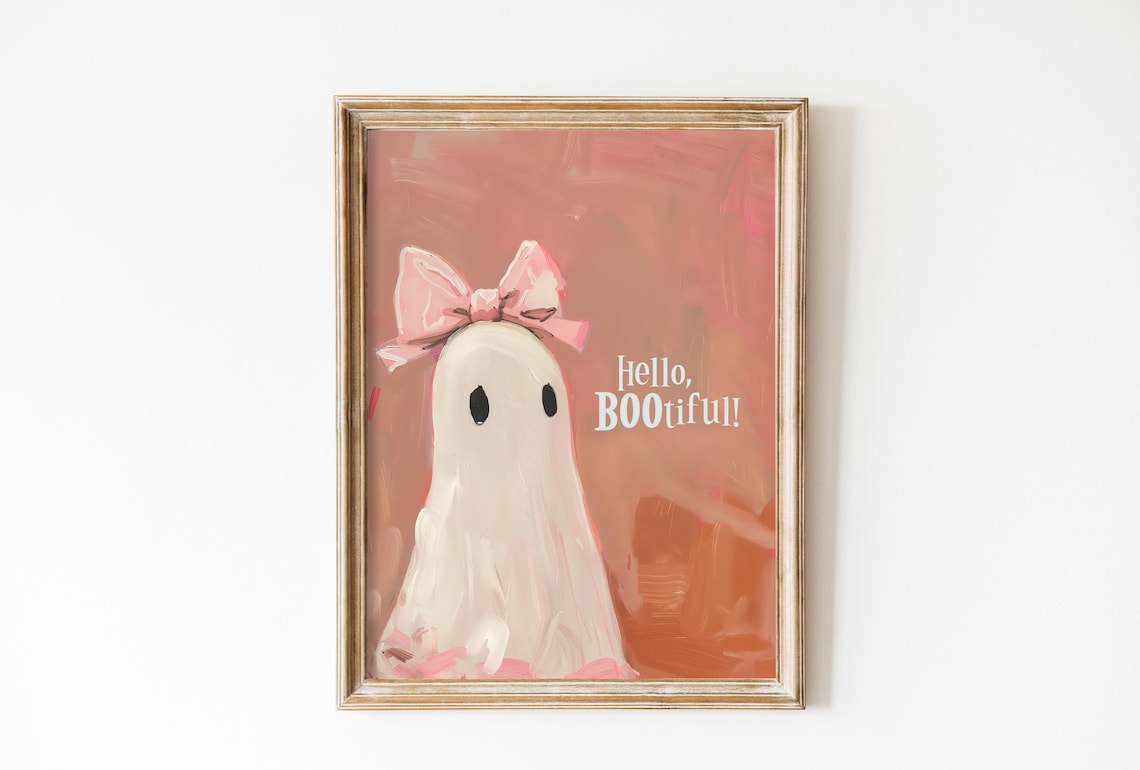 Vintage Pink Bow Ghost Art Print, Halloween Decor