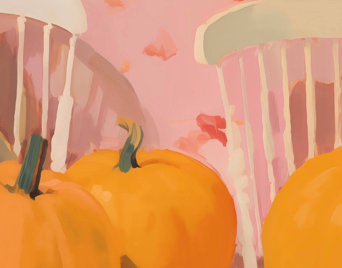 Orange Pumpkins Cottage Chairs Pink Farmhouse Fall Decor Poster - Image 3