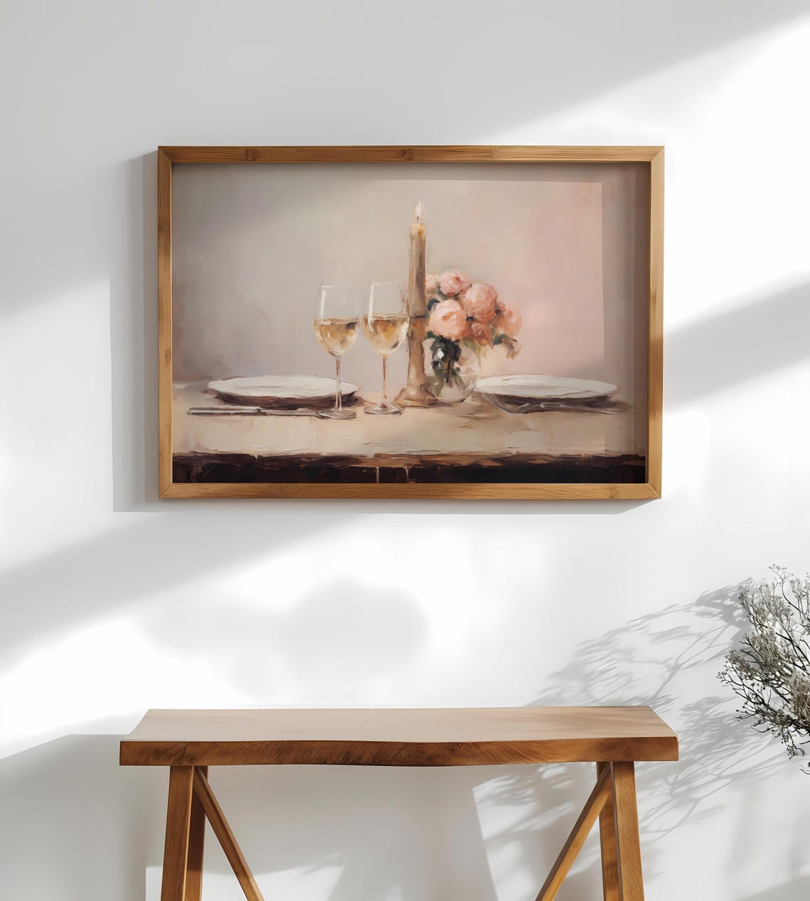 Romantic Candlelit Dinner Wine Glasses Neutral Vintage Table Art Print - Image 3