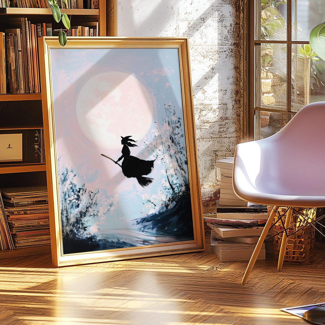 Witch Flying On Broomstick Across Full Moon Pastel Halloween Poster - Image 3