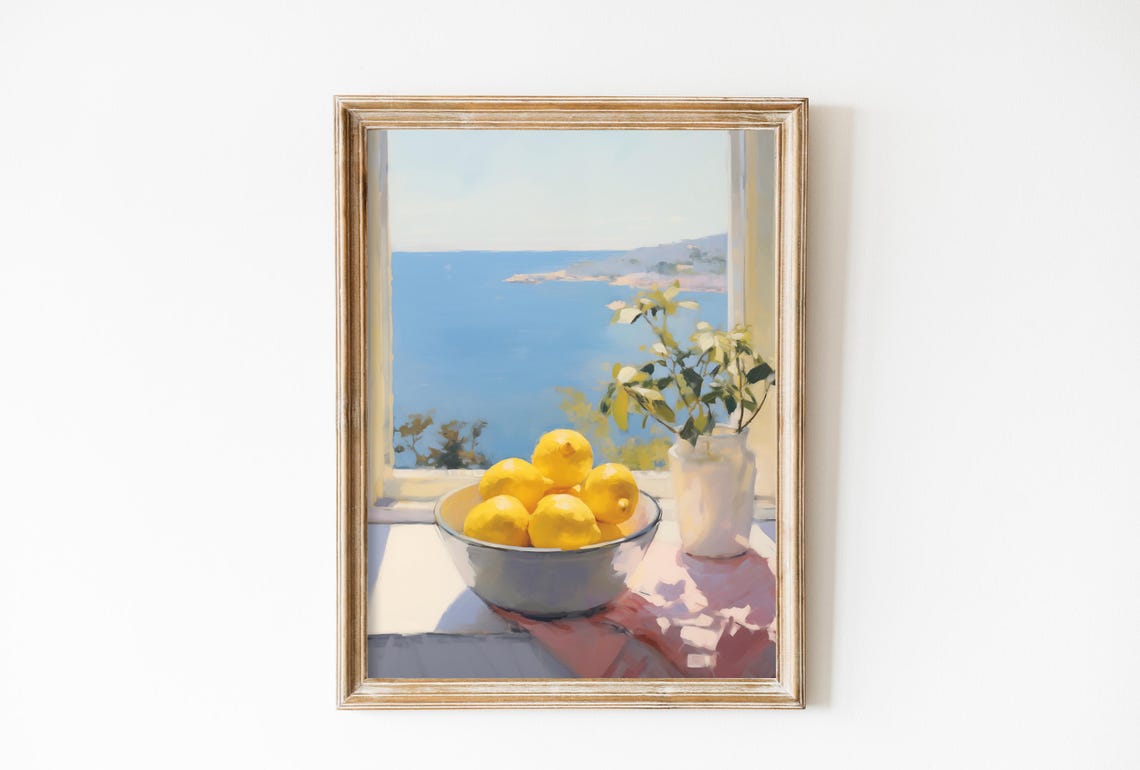 Bowl Of Lemons On Windowsill With Ocean View Coastal Art Poster