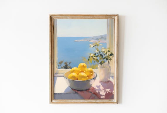 Amalfi Coast Print Fruits Basket Poster Vintage Lemon Painting Costal Print Retro Lemons Wall Art Kitchen Wall Decor Summer Dorm Art