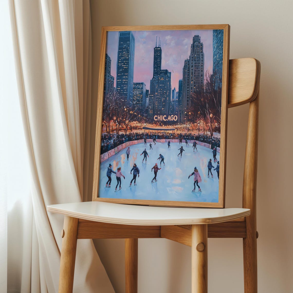 Vintage Winter Chicago Poster Christmas Ice Skating Wall Art Retro Oil Painting Usa Travel Poster Dorm Decor Gift Night City Landscape - Image 2