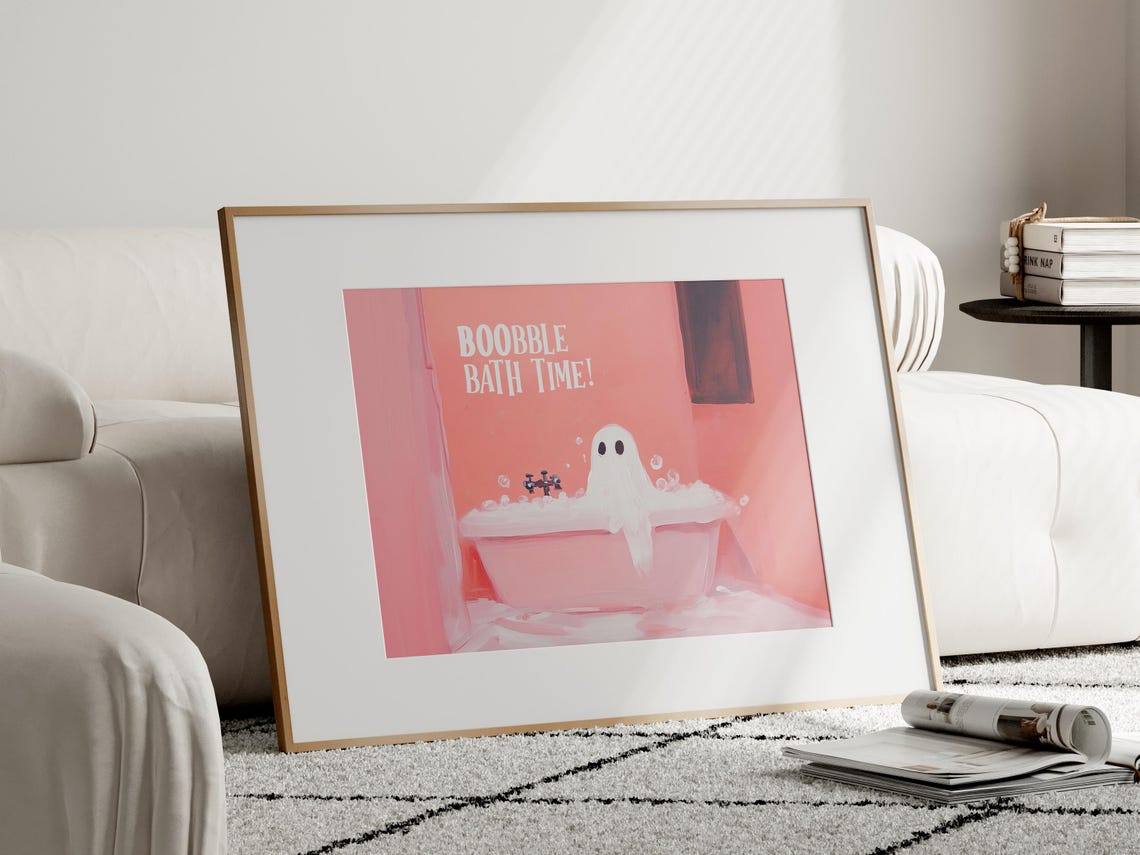 Boobble Bath Time Cute Ghost Pink Bubble Bath Funny Art Poster - Image 2