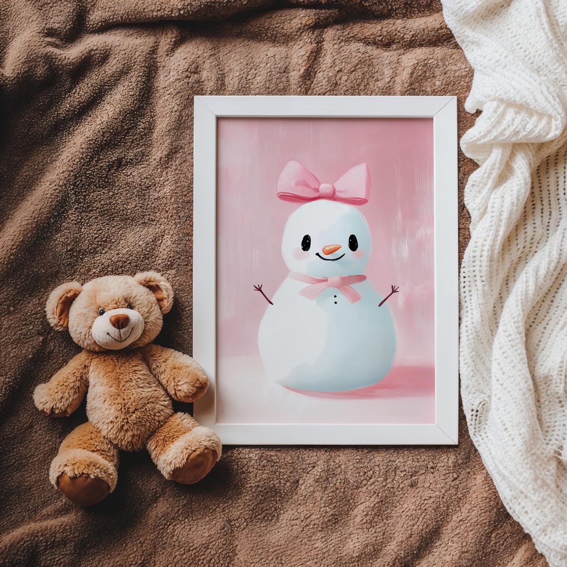 Cute Pink Bow Snowman Smiling on Blush Christmas Kids Poster - Image 3