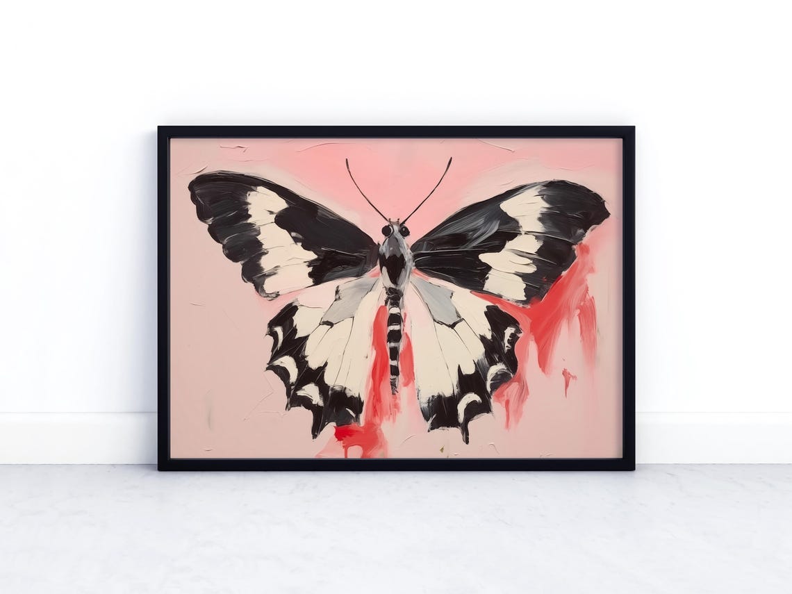 Black White Butterfly Pink Background Bold Insect Art Poster - Image 2