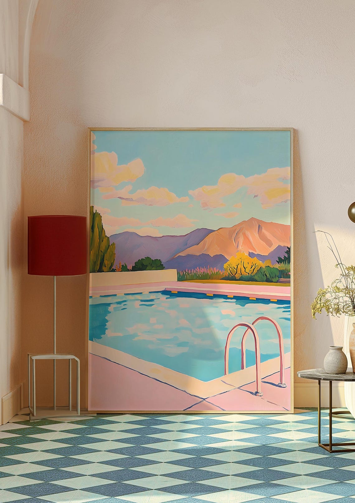 Retro Palm Springs Swimming Pool with Pink Deck Summer Travel Poster - Image 3