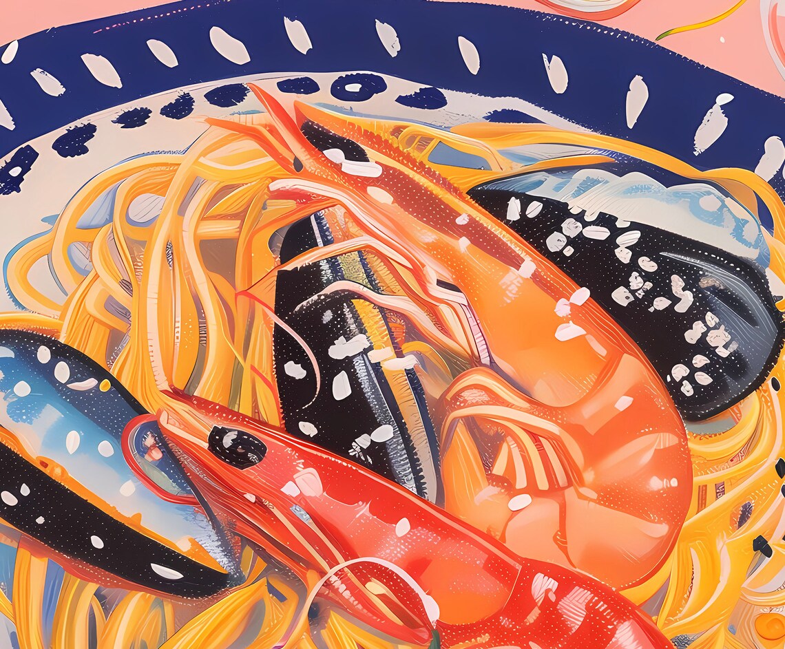 Seafood Pasta Shrimp Mussels Pink Italian Table Food Art Poster - Image 2