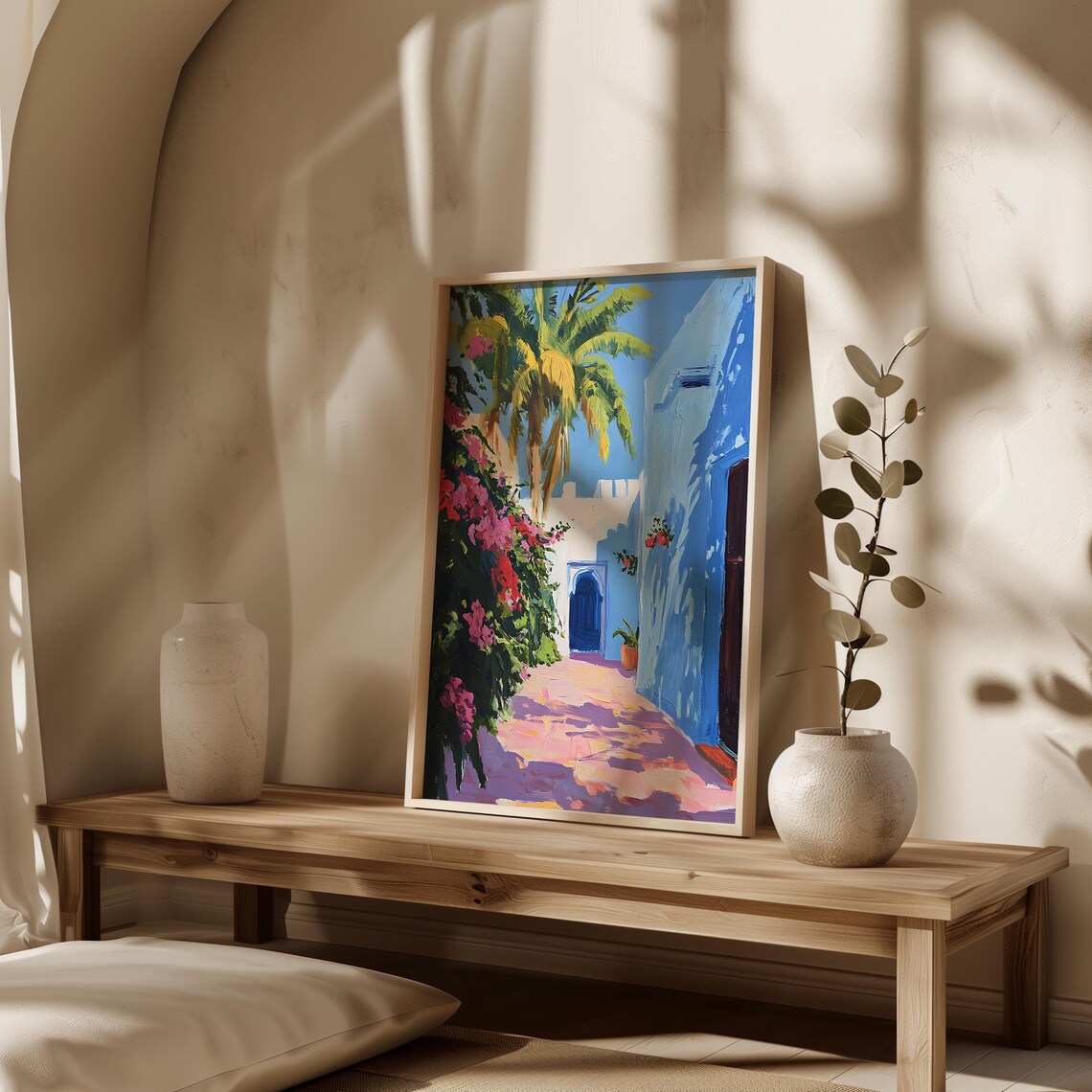 Vibrant Blue Moroccan Palm Tree Art Print - Image 2