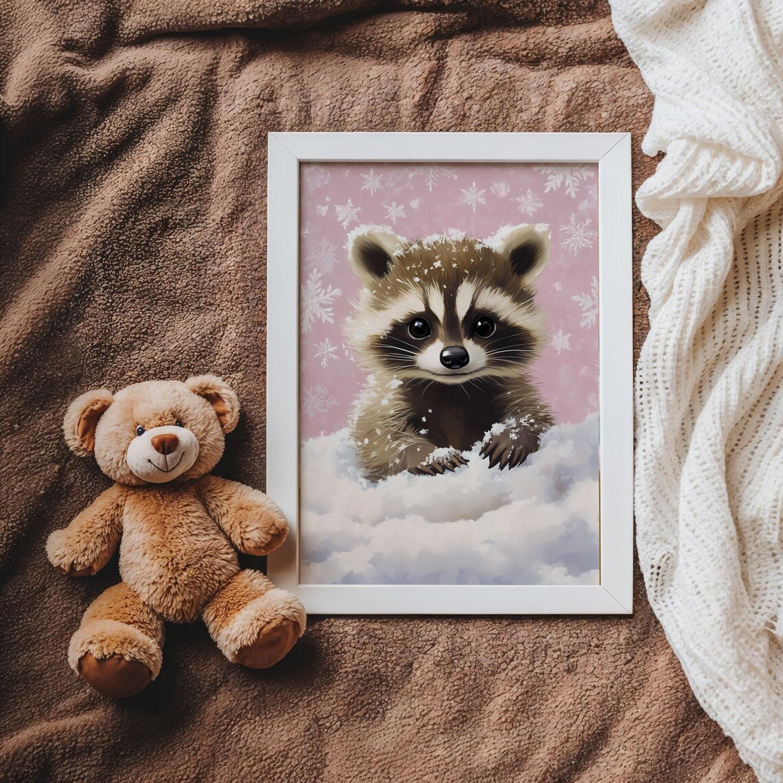 Baby Raccoon In Snow With Pink Snowflake Background Art Poster - Image 2