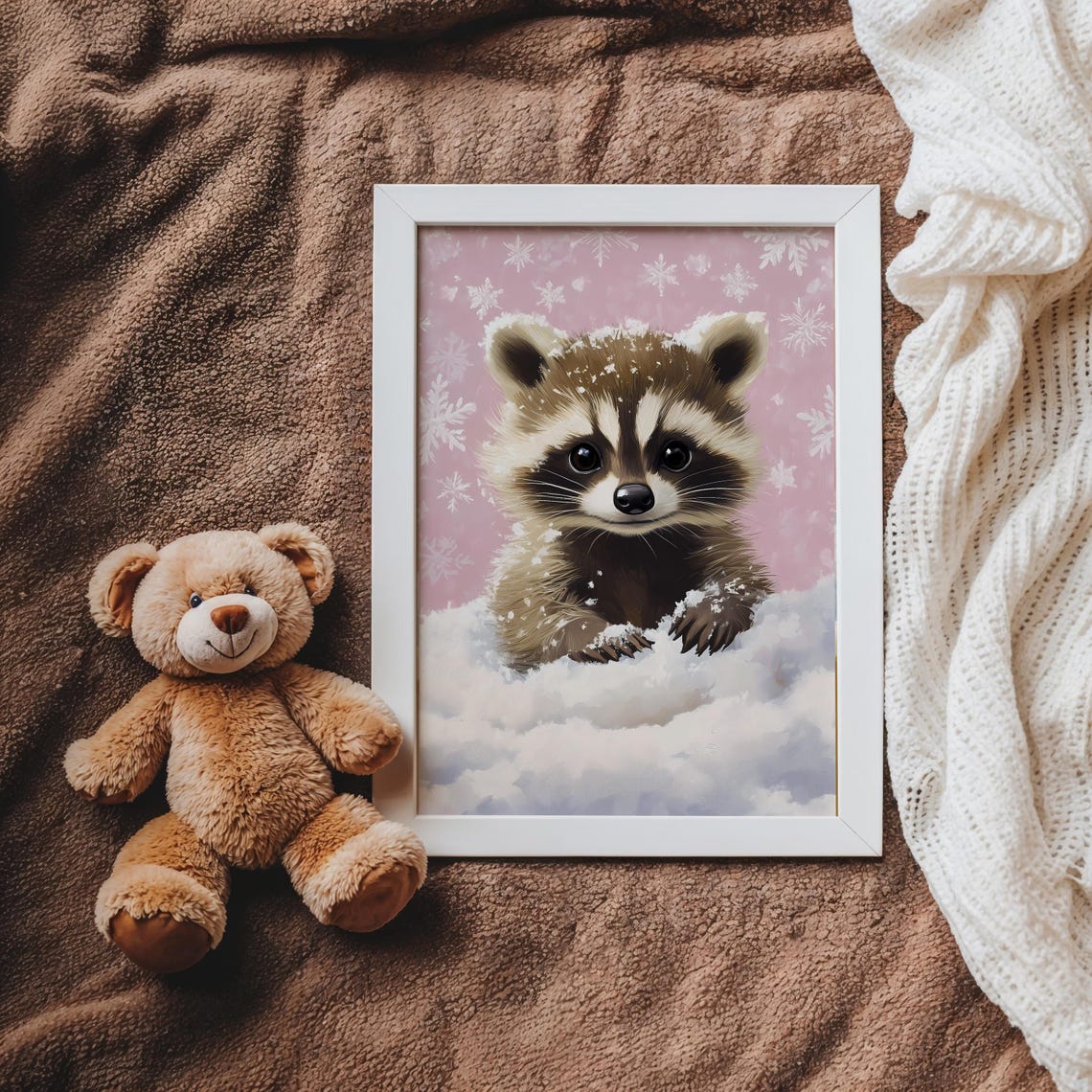 Sweet Raccoon Winter Snow Painting Pink Girl Room Wall Art Pastel Nursery Girly Art Christmas Nursery Decor Kids Room - Image 2