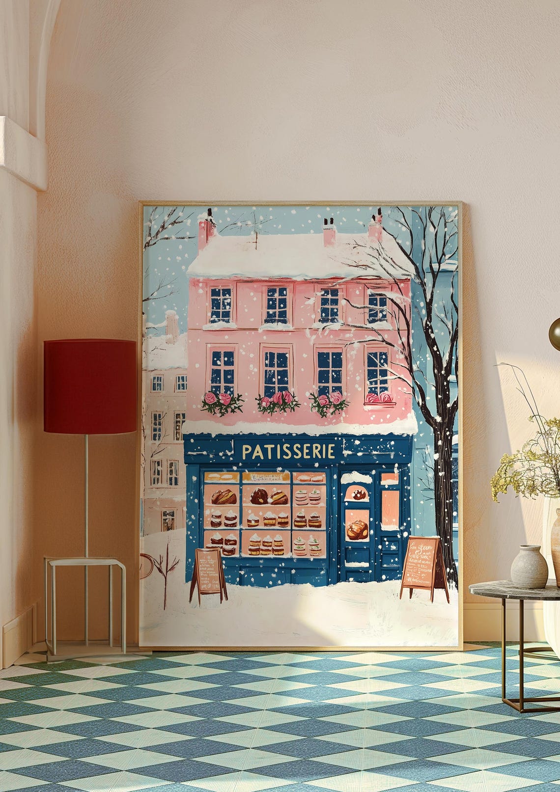 Pink Paris Patisserie Storefront in Snow with Pastry Window Poster - Image 3