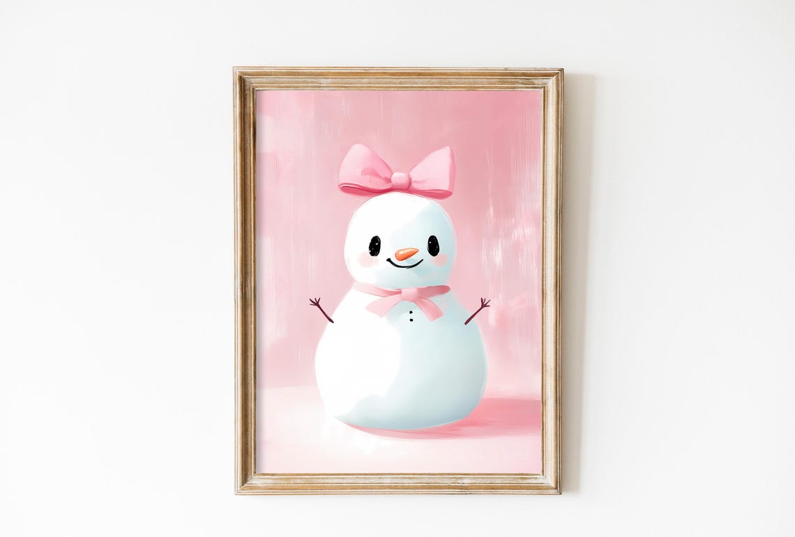 Cute Pink Bow Snowman Smiling on Blush Christmas Kids Poster