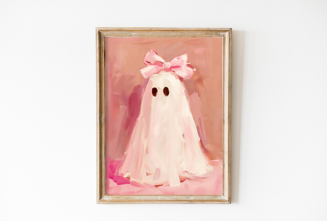 Vintage Pink Bow Ghost Art Print, Halloween Nursery Decor