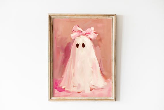 Vintage Pink Bow Ghost Art Print, Halloween Nursery Decor